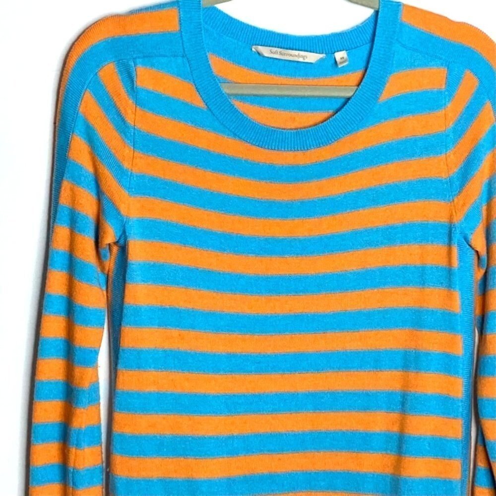 Soft Surroundings Orange Blue Striped Viscose Wool Cashmere Sweater‎ Cozy Sz XS